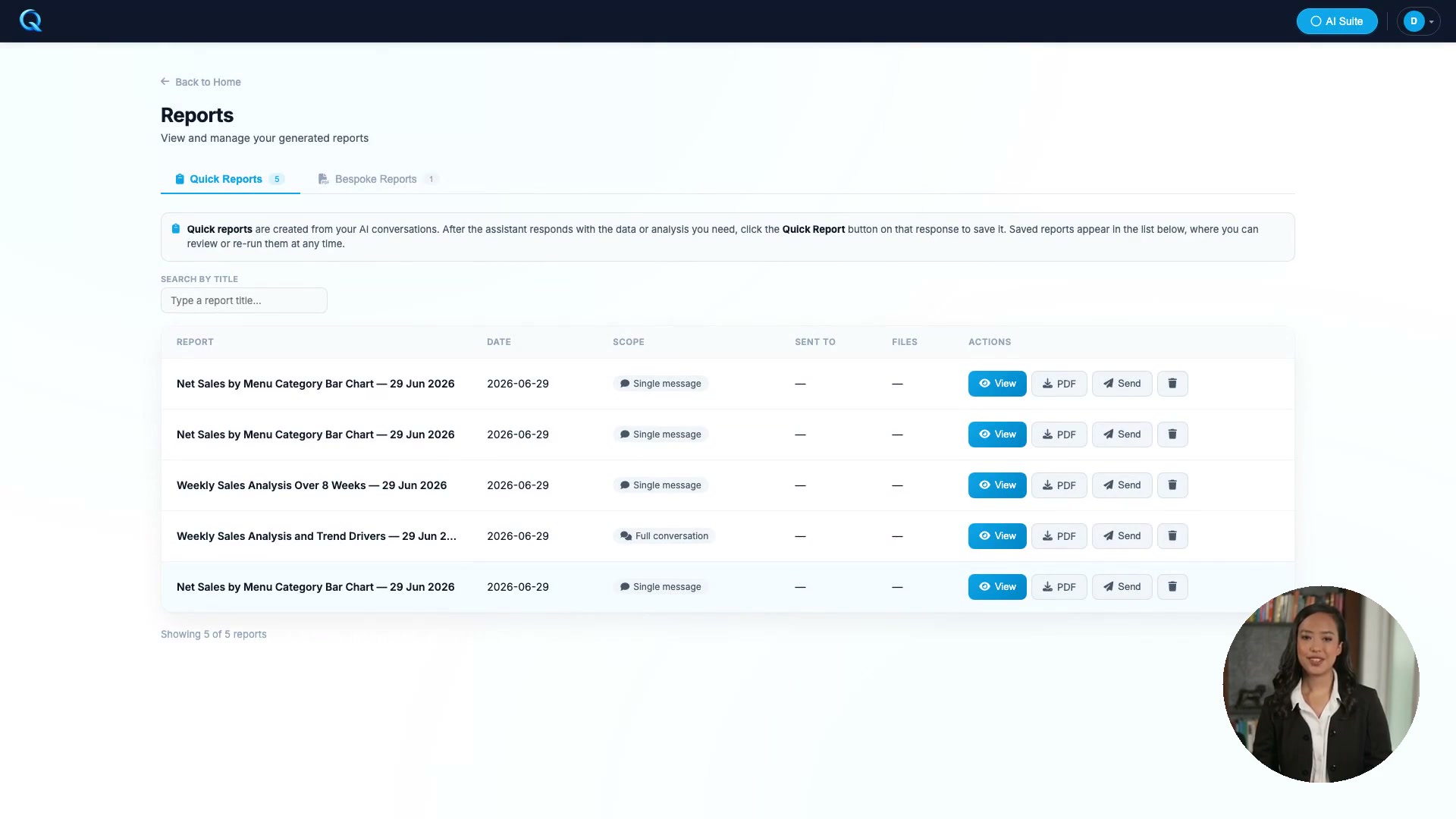 Reports in Quanta - a quick report saved from a conversation, sent as a branded PDF, alongside scheduled bespoke reports