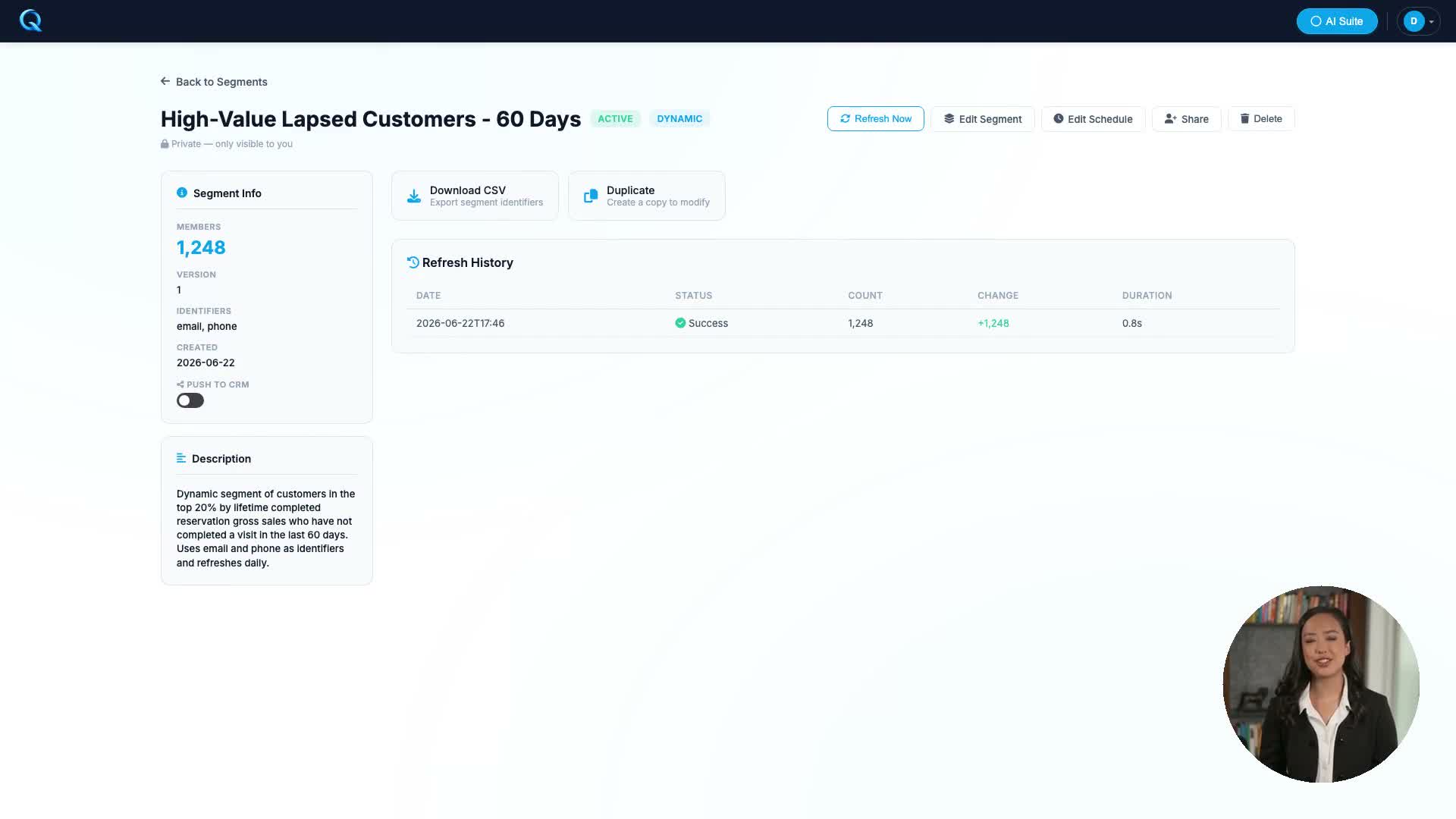 AI Segments in Quanta - a high-value lapsed-customer audience with 1,248 members, synced to CRM
