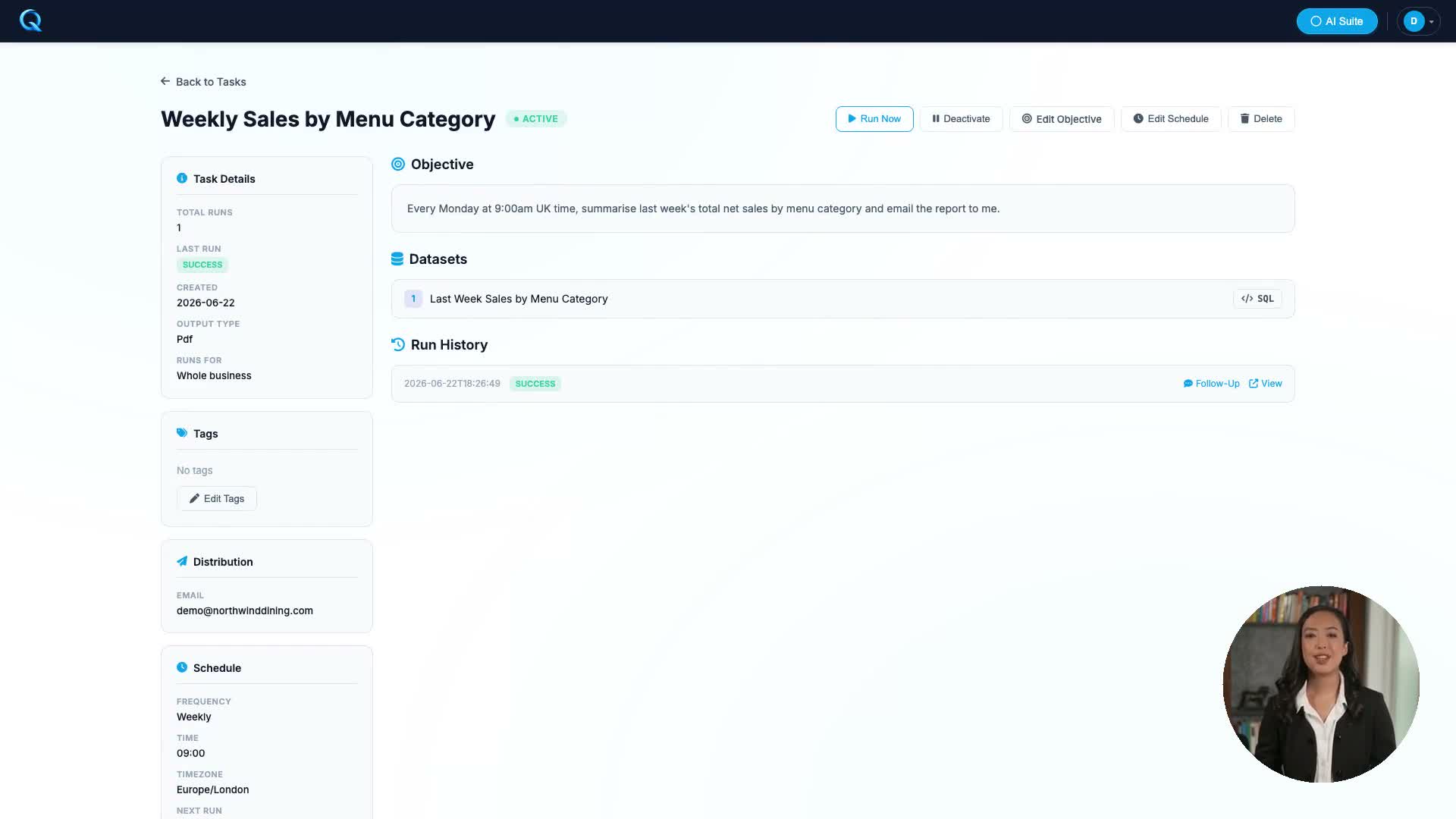 AI Tasks in Quanta - a recurring weekly sales report scheduled and emailed automatically